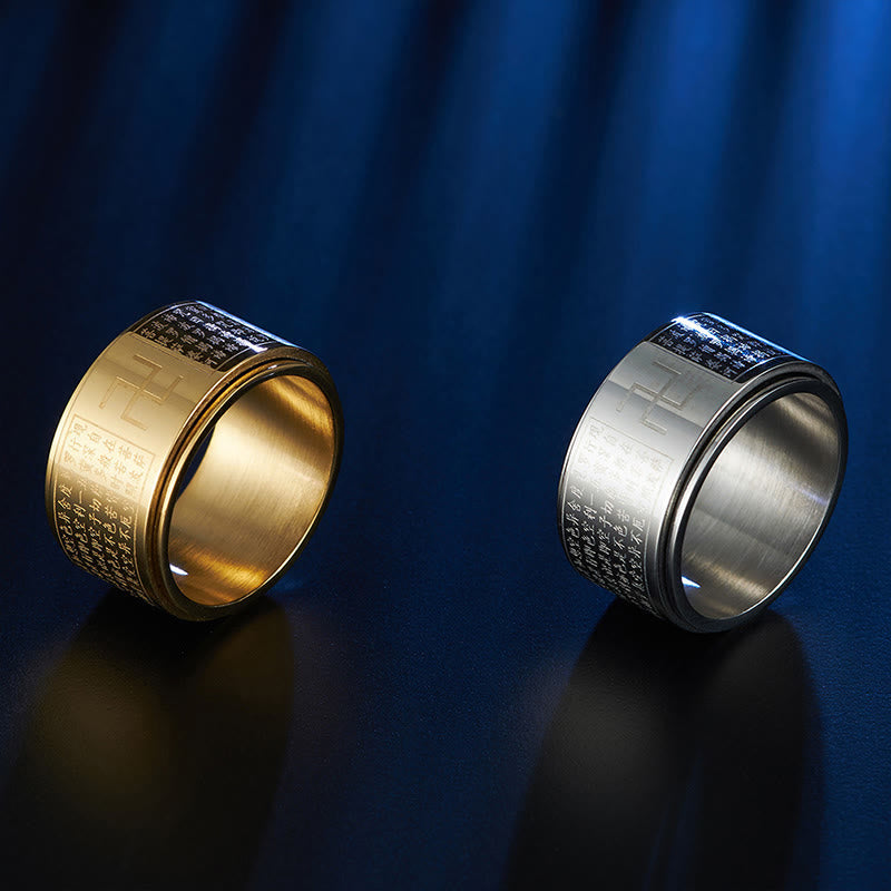 Anillo giratorio de acero y titanio con sutras y esvásticas de Buddha Stones