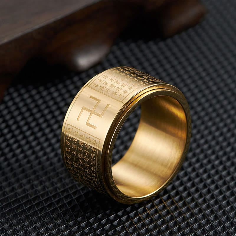 Anillo giratorio de acero y titanio con sutras y esvásticas de Buddha Stones