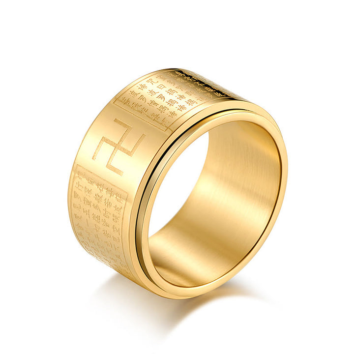 Anillo giratorio de acero y titanio con sutras y esvásticas de Buddha Stones