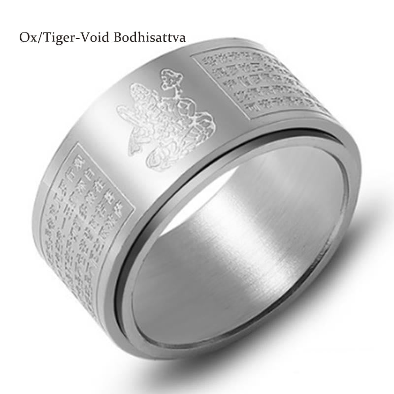 Anillo giratorio de acero de titanio tallado con sutra del corazón de Buda con Buddha Stones del zodíaco chino