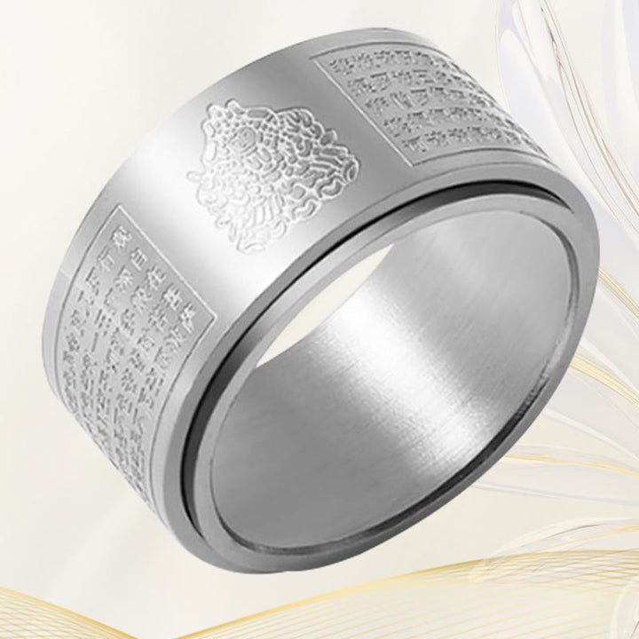 Anillo giratorio de acero de titanio tallado con sutra del corazón de Buda con Buddha Stones del zodíaco chino