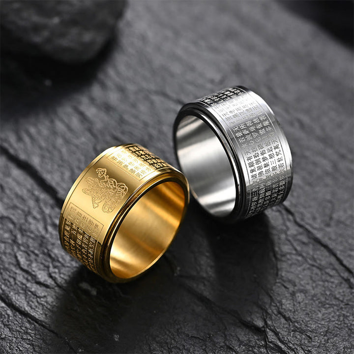 Anillo giratorio de acero de titanio tallado con sutra del corazón de Buda con Buddha Stones del zodíaco chino