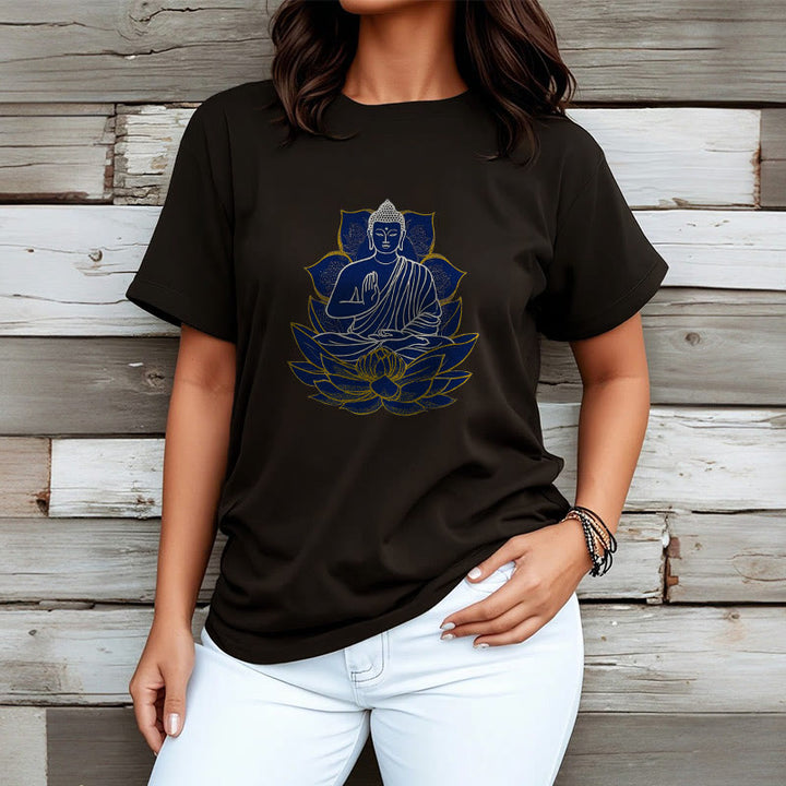 Camiseta de algodón con Buddha Stones y Buda sentado sobre el loto - image 14