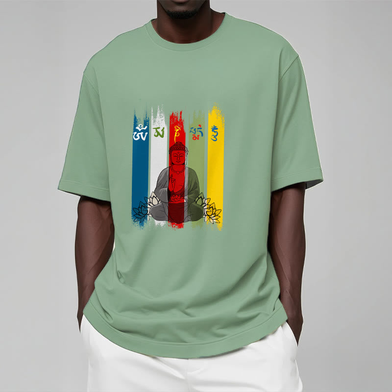 Camiseta de algodón con seis palabras verdaderas de Buddha Stones , "Om Mani Padme Hum", Buda sentado con loto - image 19
