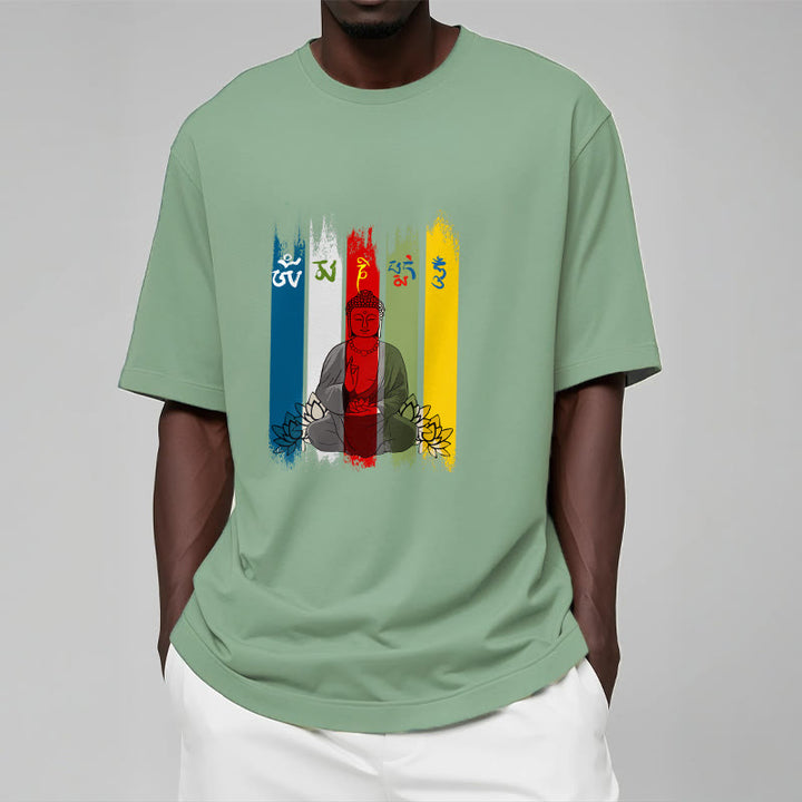 Camiseta de algodón con seis palabras verdaderas de Buddha Stones , "Om Mani Padme Hum", Buda sentado con loto - image 19