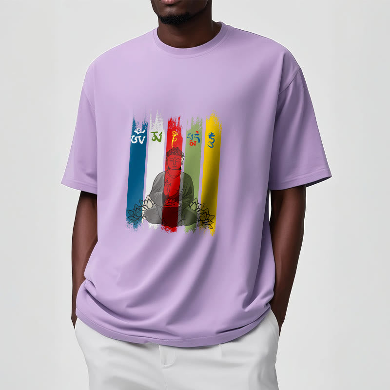 Camiseta de algodón con seis palabras verdaderas de Buddha Stones , "Om Mani Padme Hum", Buda sentado con loto - image 18