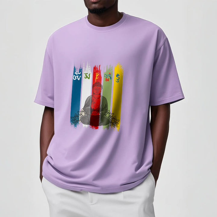Camiseta de algodón con seis palabras verdaderas de Buddha Stones , "Om Mani Padme Hum", Buda sentado con loto - image 18