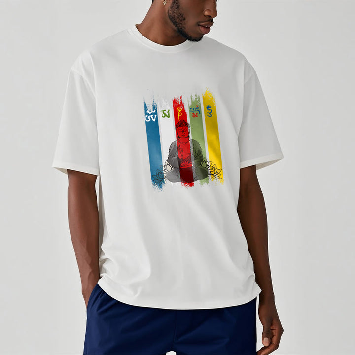 Camiseta de algodón con seis palabras verdaderas de Buddha Stones , "Om Mani Padme Hum", Buda sentado con loto - image 9