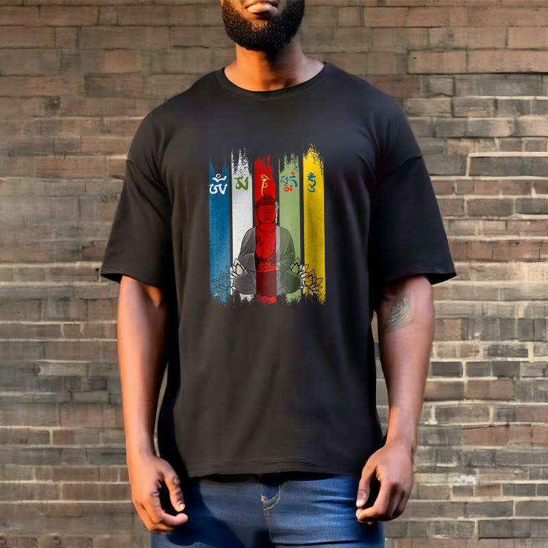 Camiseta de algodón con seis palabras verdaderas de Buddha Stones , "Om Mani Padme Hum", Buda sentado con loto - image 4