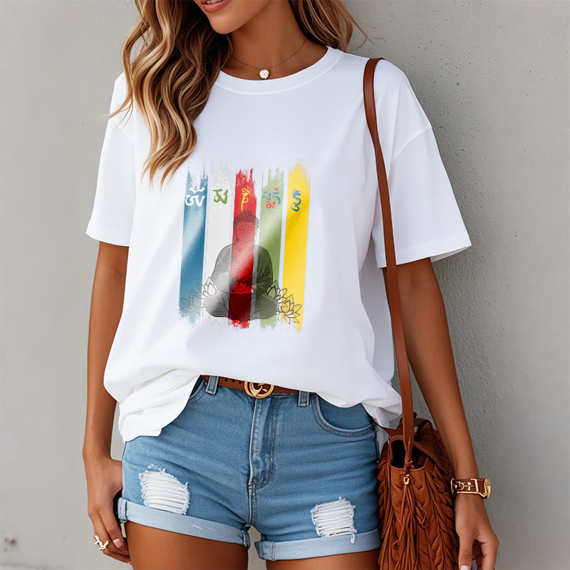 Camiseta de algodón con seis palabras verdaderas de Buddha Stones , "Om Mani Padme Hum", Buda sentado con loto - image 11