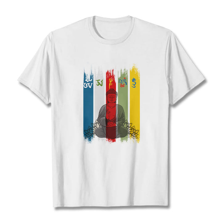 Camiseta de algodón con seis palabras verdaderas de Buddha Stones , "Om Mani Padme Hum", Buda sentado con loto - Blanco - 2XL - image 8