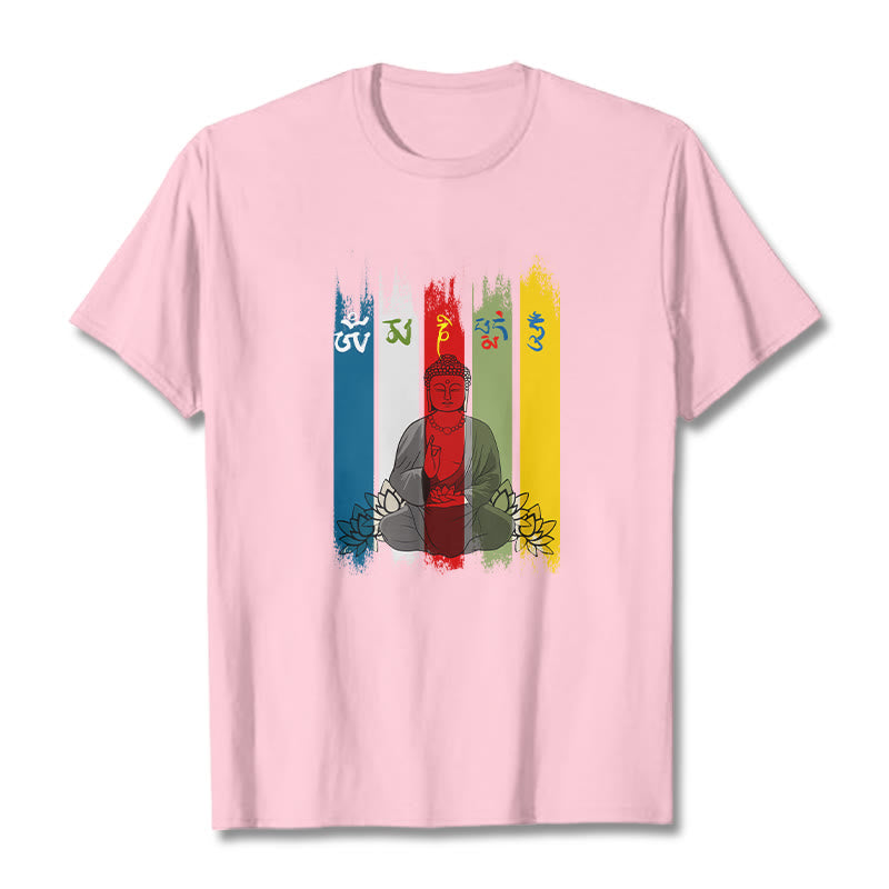 Camiseta de algodón con seis palabras verdaderas de Buddha Stones , "Om Mani Padme Hum", Buda sentado con loto - rosa claro - 2XL - image 14