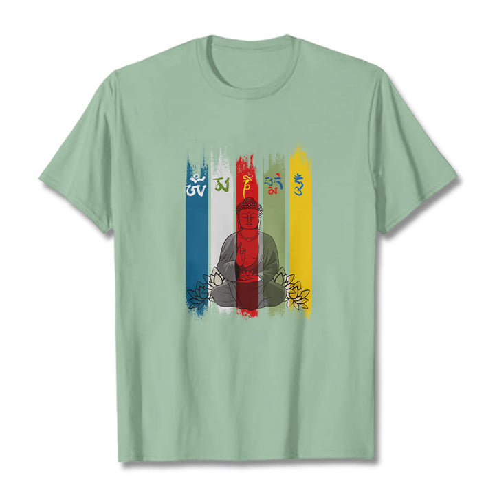 Camiseta de algodón con seis palabras verdaderas de Buddha Stones , "Om Mani Padme Hum", Buda sentado con loto - Verde pálido - 2XL - image 19
