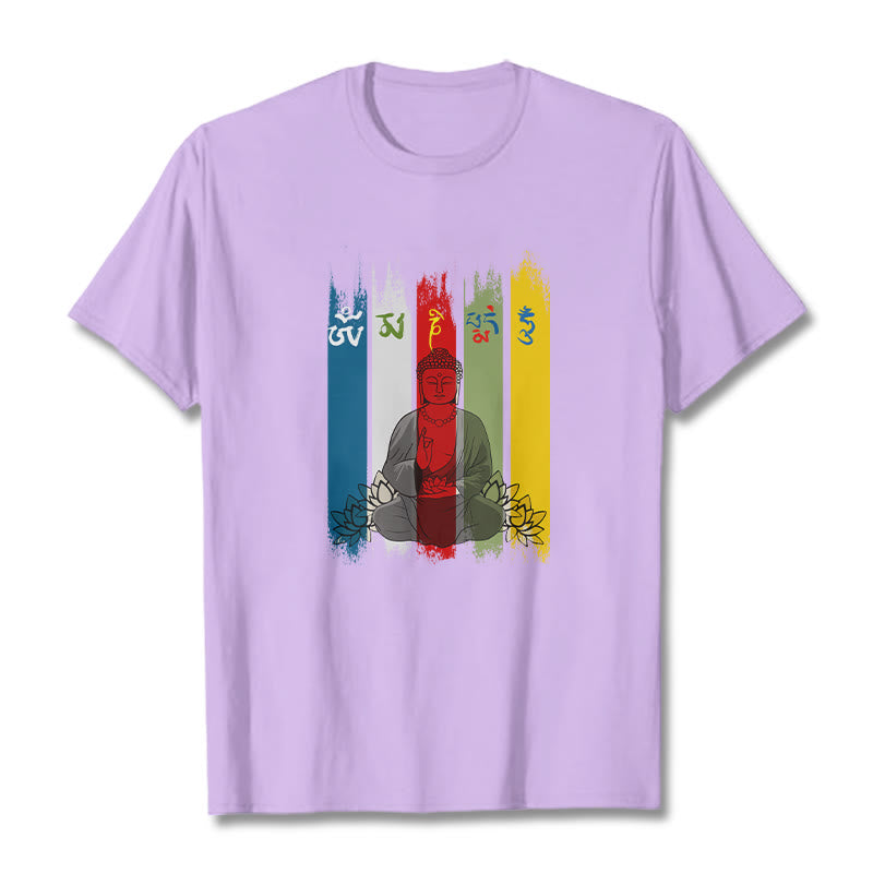 Camiseta de algodón con seis palabras verdaderas de Buddha Stones , "Om Mani Padme Hum", Buda sentado con loto - Ciruela - 2XL - image 16