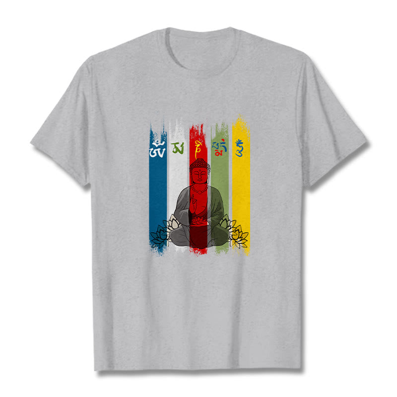 Camiseta de algodón con seis palabras verdaderas de Buddha Stones , "Om Mani Padme Hum", Buda sentado con loto - Gris claro - 2XL - image 0