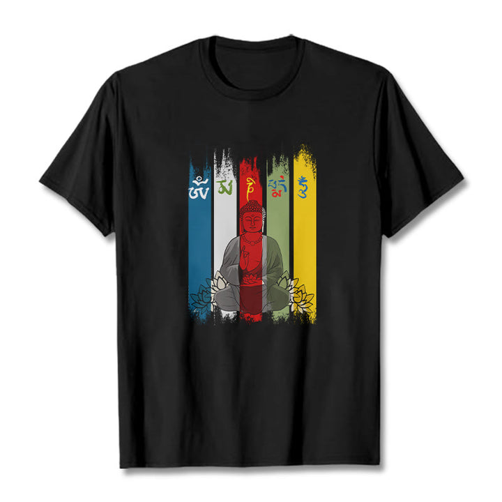 Camiseta de algodón con seis palabras verdaderas de Buddha Stones , "Om Mani Padme Hum", Buda sentado con loto - Negro - 2XL - image 2