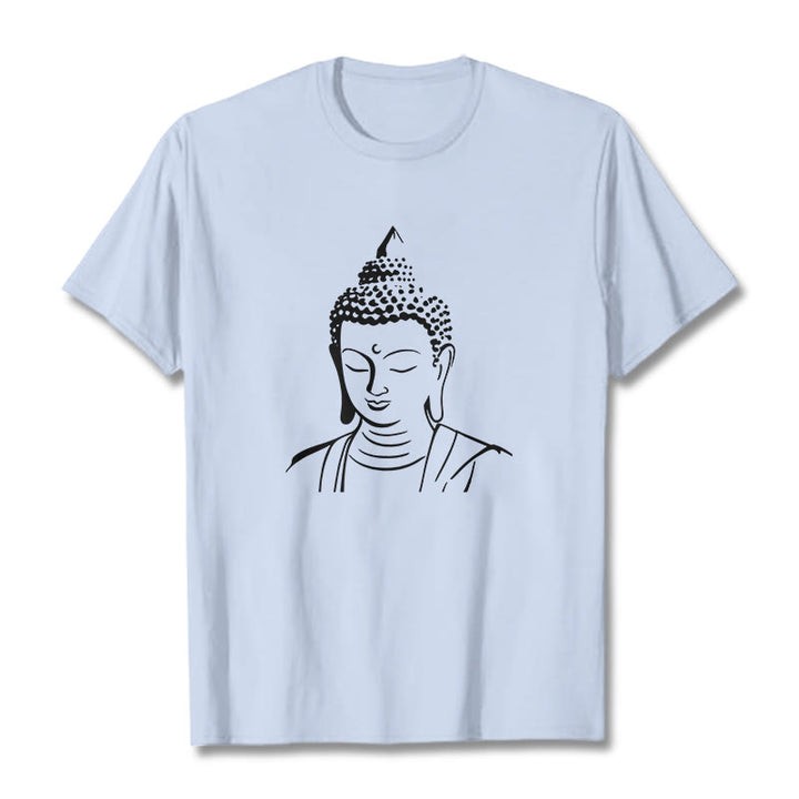 Camiseta de algodón con estampado de cabeza de Buddha Stones de Buda - Cian claro - 2XL - image 15