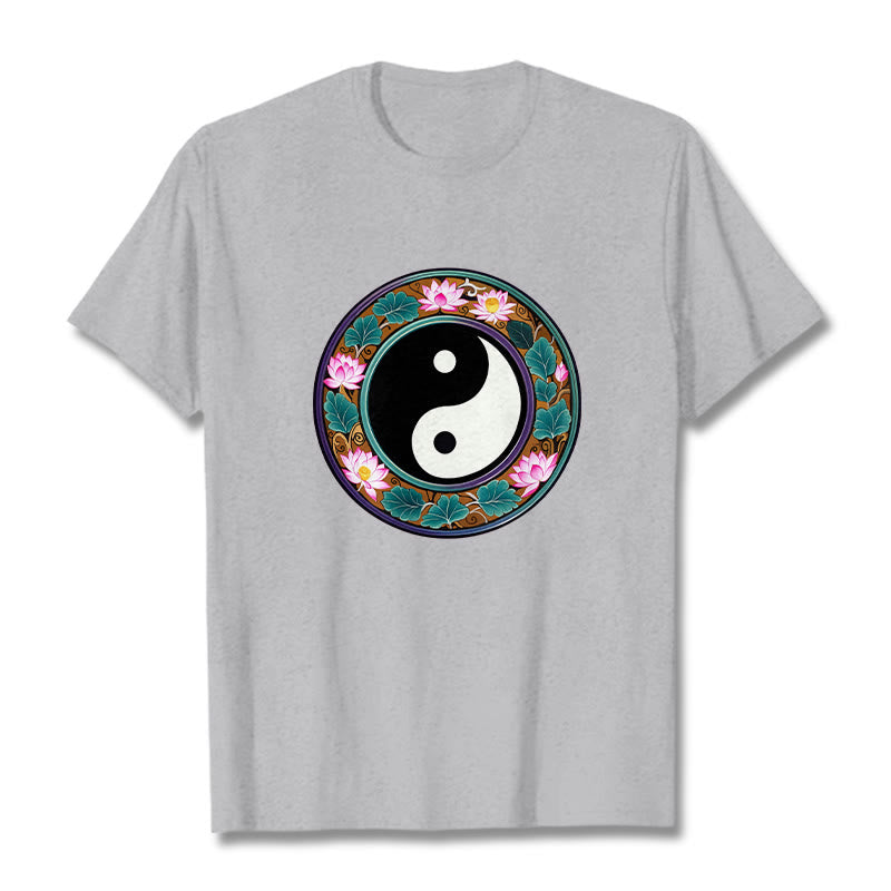 Camiseta de algodón con diseño de hojas de loto y yin yang y Buddha Stones - Gris claro - 2XL - image 13