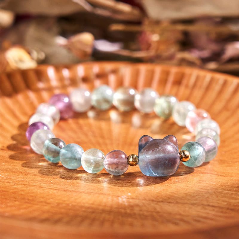 Pulsera de la suerte con cabeza de gato, amatista, aventurina verde, cuarzo rosa, fluorita y Buddha Stones - Fluorita (circunferencia de la muñeca: 16-17 cm) - image 16