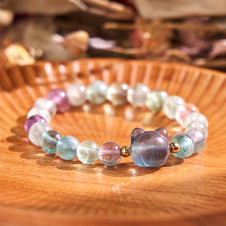 Pulsera de la suerte con cabeza de gato, amatista, aventurina verde, cuarzo rosa, fluorita y Buddha Stones - Fluorita (circunferencia de la muñeca: 16-17 cm) - image 16