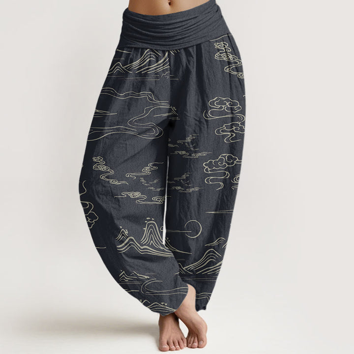 Pantalones bombachos de cintura elástica para mujer con estampado de Buddha Stones, montaña, luna y nubes auspiciosas. - Gris pizarra claro - US22，UK/AU26，EU54 (6XL) - image 0