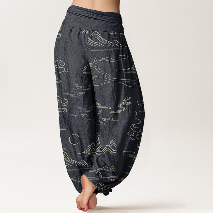 Pantalones bombachos de cintura elástica para mujer con estampado de Buddha Stones, montaña, luna y nubes auspiciosas. - image 2