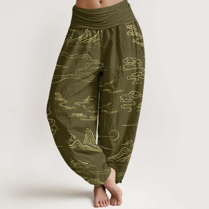 Pantalones bombachos de cintura elástica para mujer con estampado de Buddha Stones, montaña, luna y nubes auspiciosas. - Caqui oscuro - US22，UK/AU26，EU54 (6XL) - image 4
