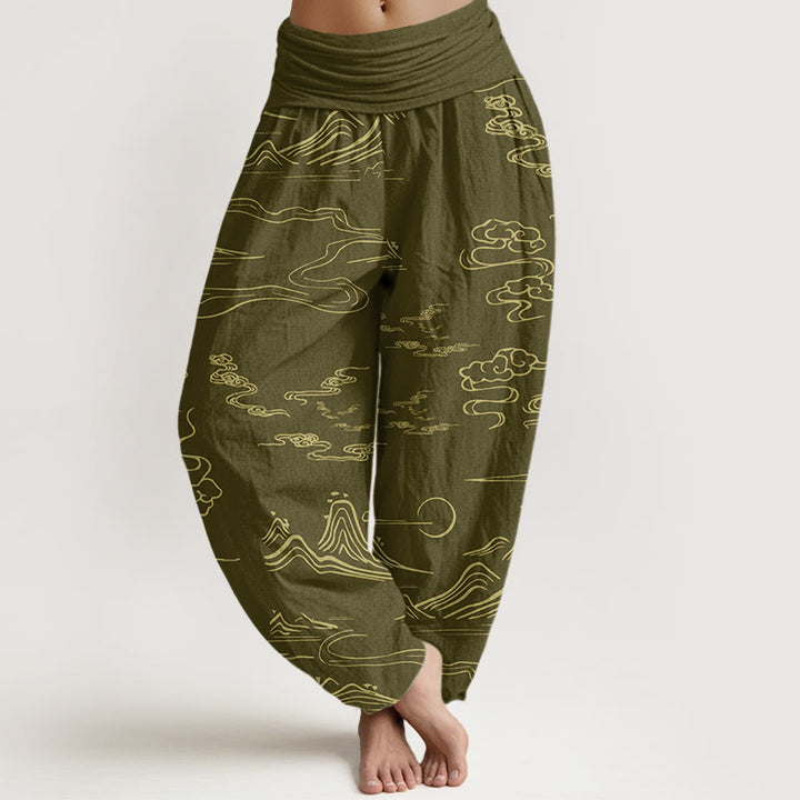 Pantalones bombachos de cintura elástica para mujer con estampado de Buddha Stones, montaña, luna y nubes auspiciosas. - Caqui oscuro - US22，UK/AU26，EU54 (6XL) - image 4