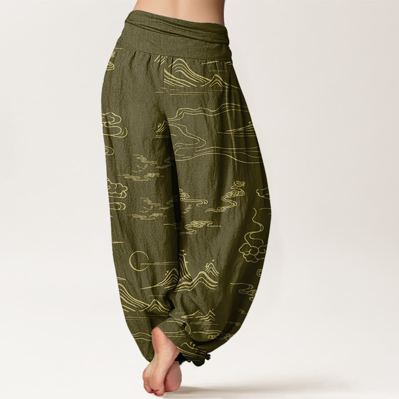 Pantalones bombachos de cintura elástica para mujer con estampado de Buddha Stones, montaña, luna y nubes auspiciosas. - image 12