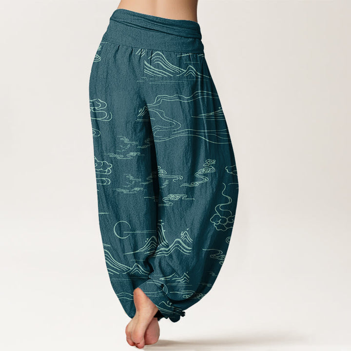 Pantalones bombachos de cintura elástica para mujer con estampado de Buddha Stones, montaña, luna y nubes auspiciosas. - image 15
