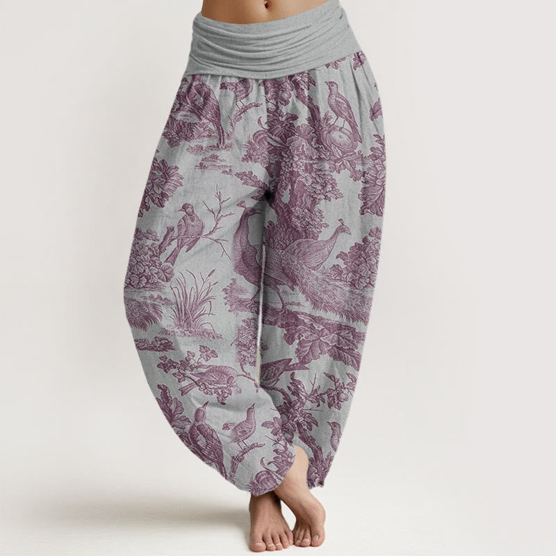 Pantalones bombachos de cintura elástica para mujer con estampado de Buddha Stones, pájaros, árboles y ramas de algodón. - Gris claro - US22，UK/AU26，EU54 (6XL) - image 5