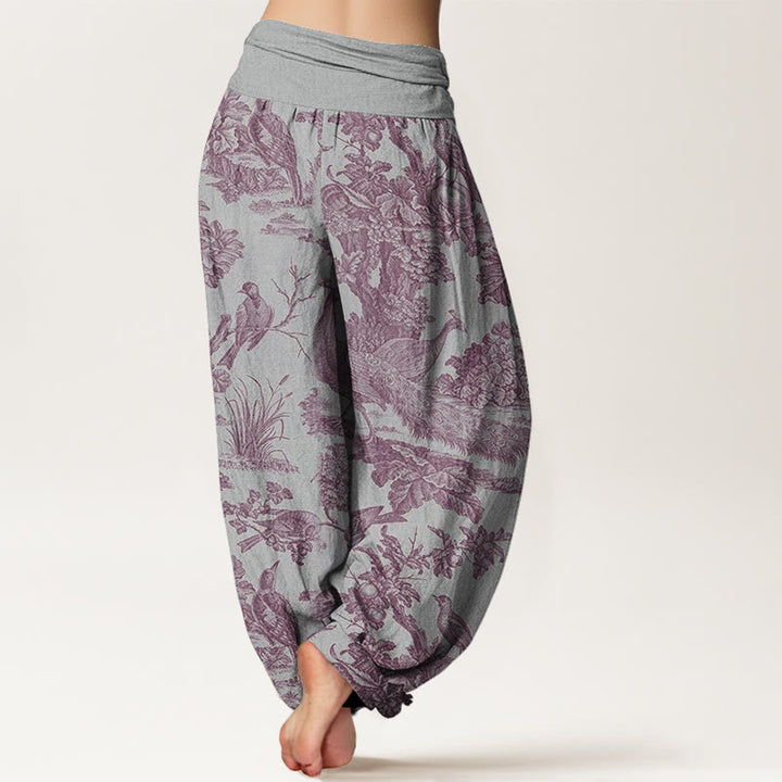 Pantalones bombachos de cintura elástica para mujer con estampado de Buddha Stones, pájaros, árboles y ramas de algodón. - image 6