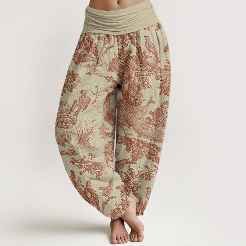 Pantalones harén con cintura elástica para mujer con estampado de ramas de árboles, pájaros y piedras de Buddha Stones - Vara de oro pálida - US22，UK/AU26，EU54 (6XL) - image 1
