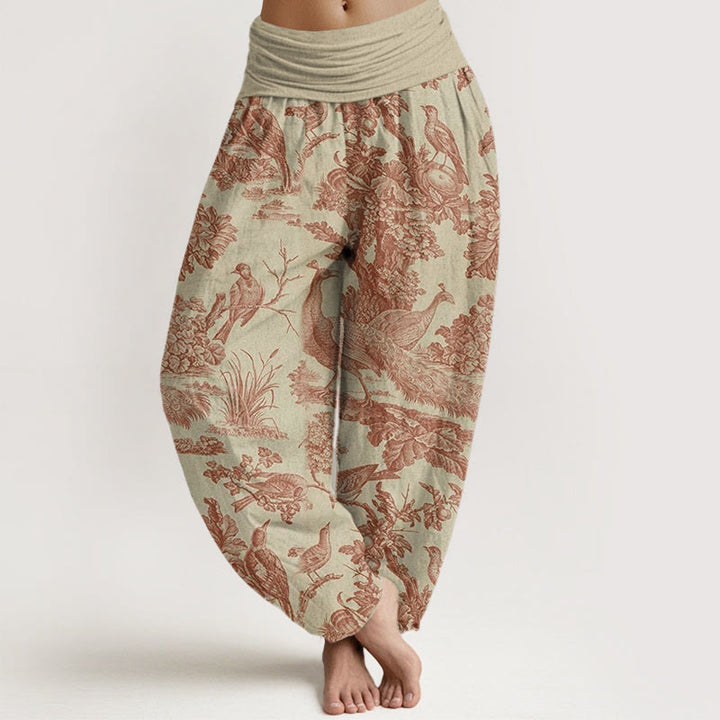 Pantalones bombachos de cintura elástica para mujer con estampado de Buddha Stones, pájaros, árboles y ramas de algodón. - vara de oro pálida - US22，UK/AU26，EU54 (6XL) - image 0