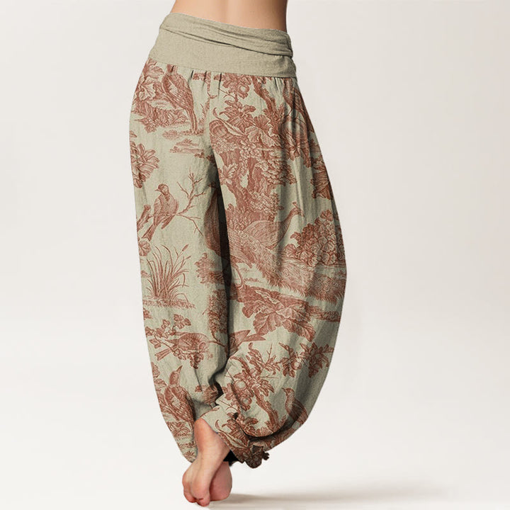 Pantalones bombachos de cintura elástica para mujer con estampado de Buddha Stones, pájaros, árboles y ramas de algodón. - image 1