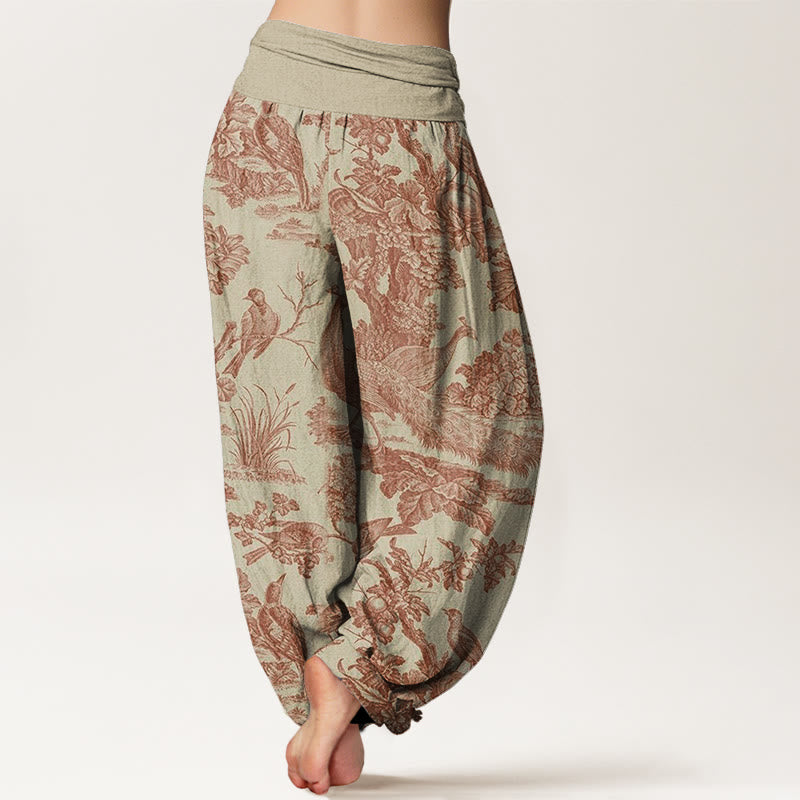 Pantalones harén con cintura elástica para mujer con estampado de ramas de árboles, pájaros y piedras de Buddha Stones - image 2