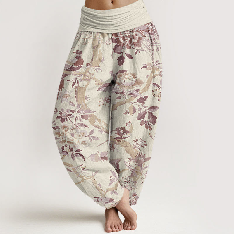 Pantalones harén con cintura elástica para mujer con estampado de flores, ramas y pájaros y Buddha Stones - Amarillo claro - US22，UK/AU26，EU54 (6XL) - image 5