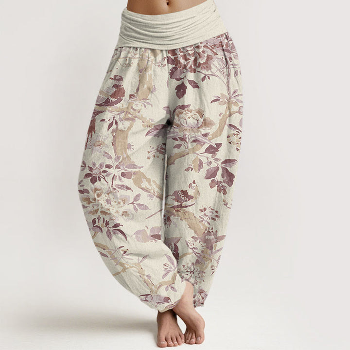 Pantalones harén con cintura elástica para mujer con estampado de flores, ramas y pájaros y Buddha Stones - Amarillo claro - US22，UK/AU26，EU54 (6XL) - image 5
