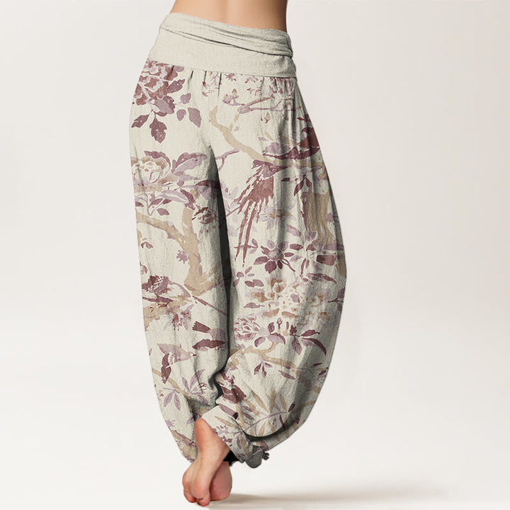 Pantalones harén con cintura elástica para mujer con estampado de flores, ramas y pájaros y Buddha Stones - image 6