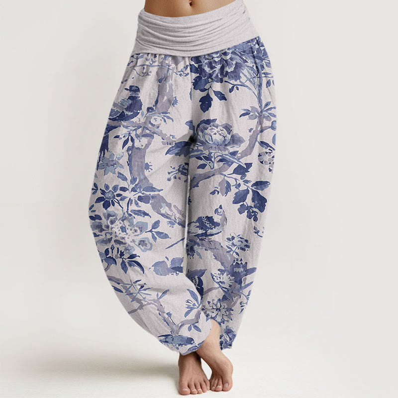 Pantalones bombachos de cintura elástica para mujer con estampado de Buddha Stones, pájaros, ramas y flores de algodón. - Gainsboro - US22，UK/AU26，EU54 (6XL) - image 5