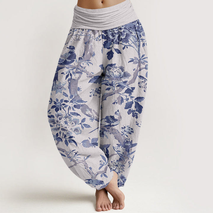 Pantalones bombachos de cintura elástica para mujer con estampado de Buddha Stones, pájaros, ramas y flores de algodón. - Gainsboro - US22，UK/AU26，EU54 (6XL) - image 5