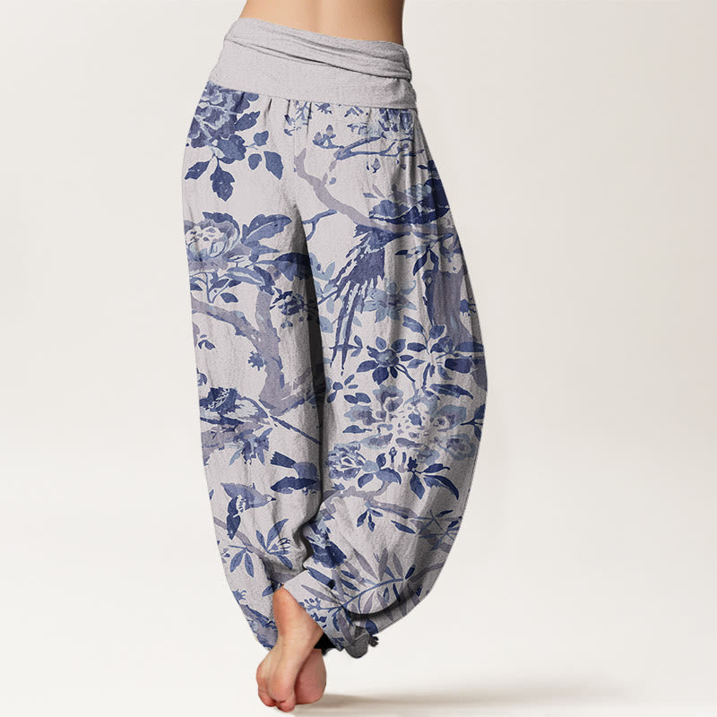 Pantalones bombachos de cintura elástica para mujer con estampado de Buddha Stones, pájaros, ramas y flores de algodón. - image 6