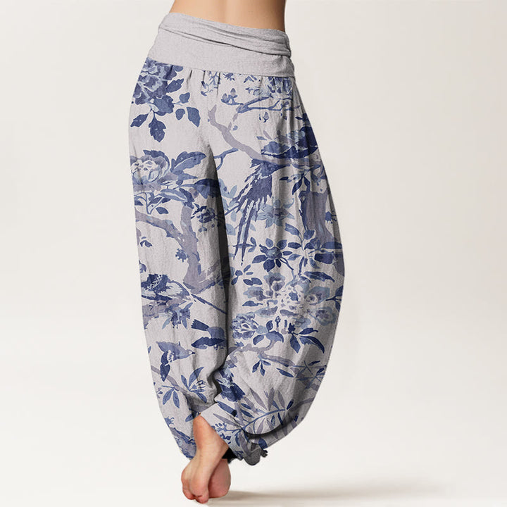 Pantalones bombachos de cintura elástica para mujer con estampado de Buddha Stones, pájaros, ramas y flores de algodón. - image 6