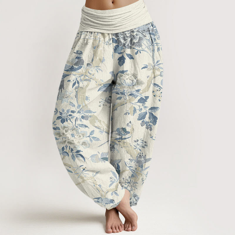 Pantalones harén con cintura elástica para mujer con estampado de flores, ramas y pájaros y Buddha Stones - Beige - US22，UK/AU26，EU54 (6XL) - image 1