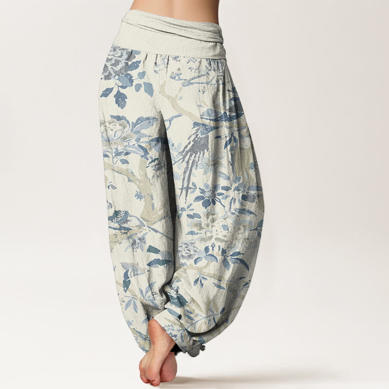 Pantalones harén con cintura elástica para mujer con estampado de flores, ramas y pájaros y Buddha Stones - image 2