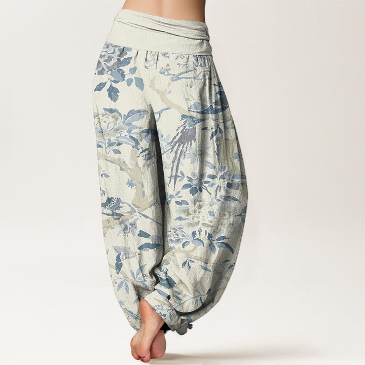 Pantalones bombachos de cintura elástica para mujer con estampado de Buddha Stones, pájaros, ramas y flores de algodón. - image 1
