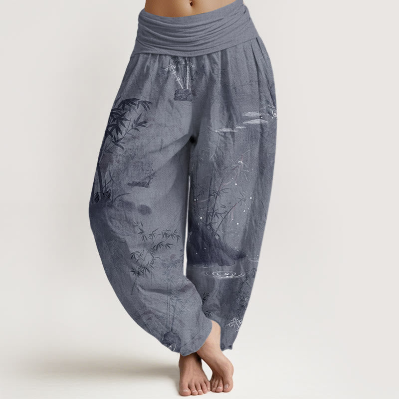 Pantalones harén con cintura elástica para mujer, informales, con pintura de tinta de roca de bambú y Buddha Stones - Gris pizarra - US22，UK/AU26，EU54 (6XL) - image 0