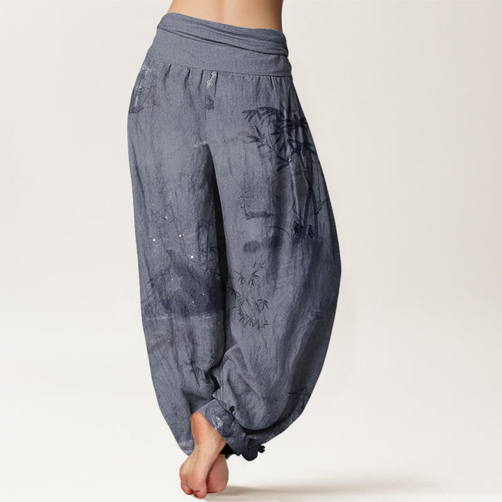 Pantalones harén con cintura elástica para mujer, informales, con pintura de tinta de roca de bambú y Buddha Stones - image 2