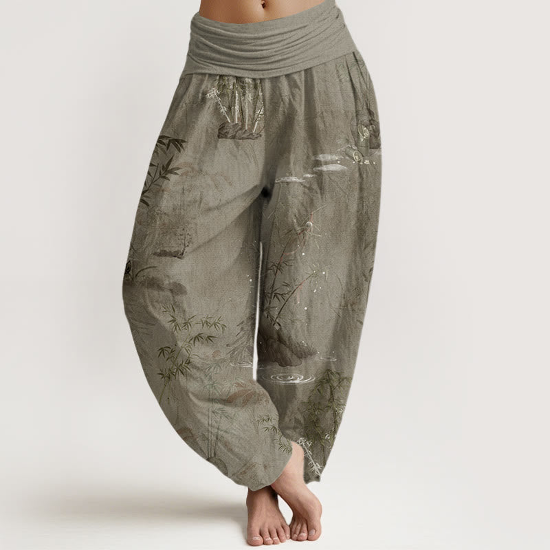 Pantalones bombachos de cintura elástica para mujer, de algodón, estilo informal, con estampado de piedras de Buddha Stones , bambú y tinta. - Broncearse - US22，UK/AU26，EU54 (6XL) - image 4