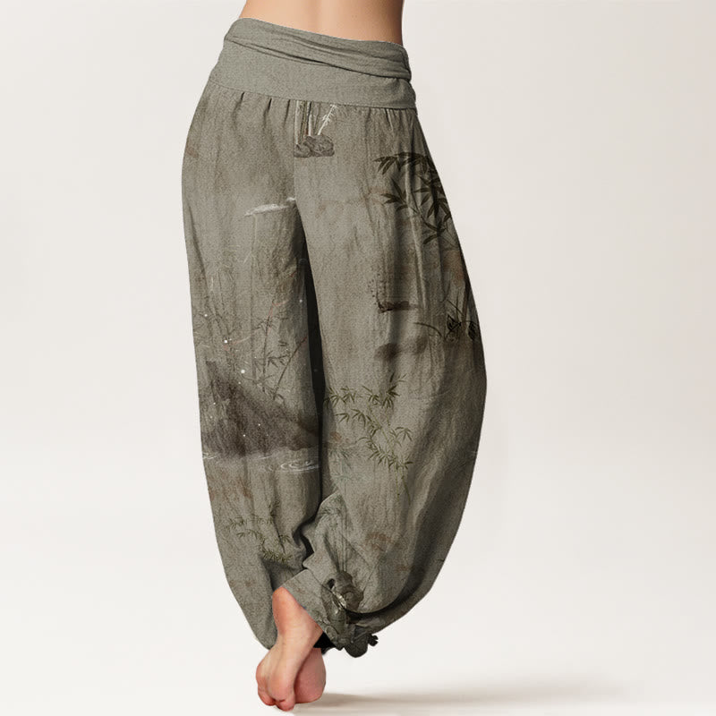 Pantalones harén con cintura elástica para mujer, informales, con pintura de tinta de roca de bambú y Buddha Stones - image 6
